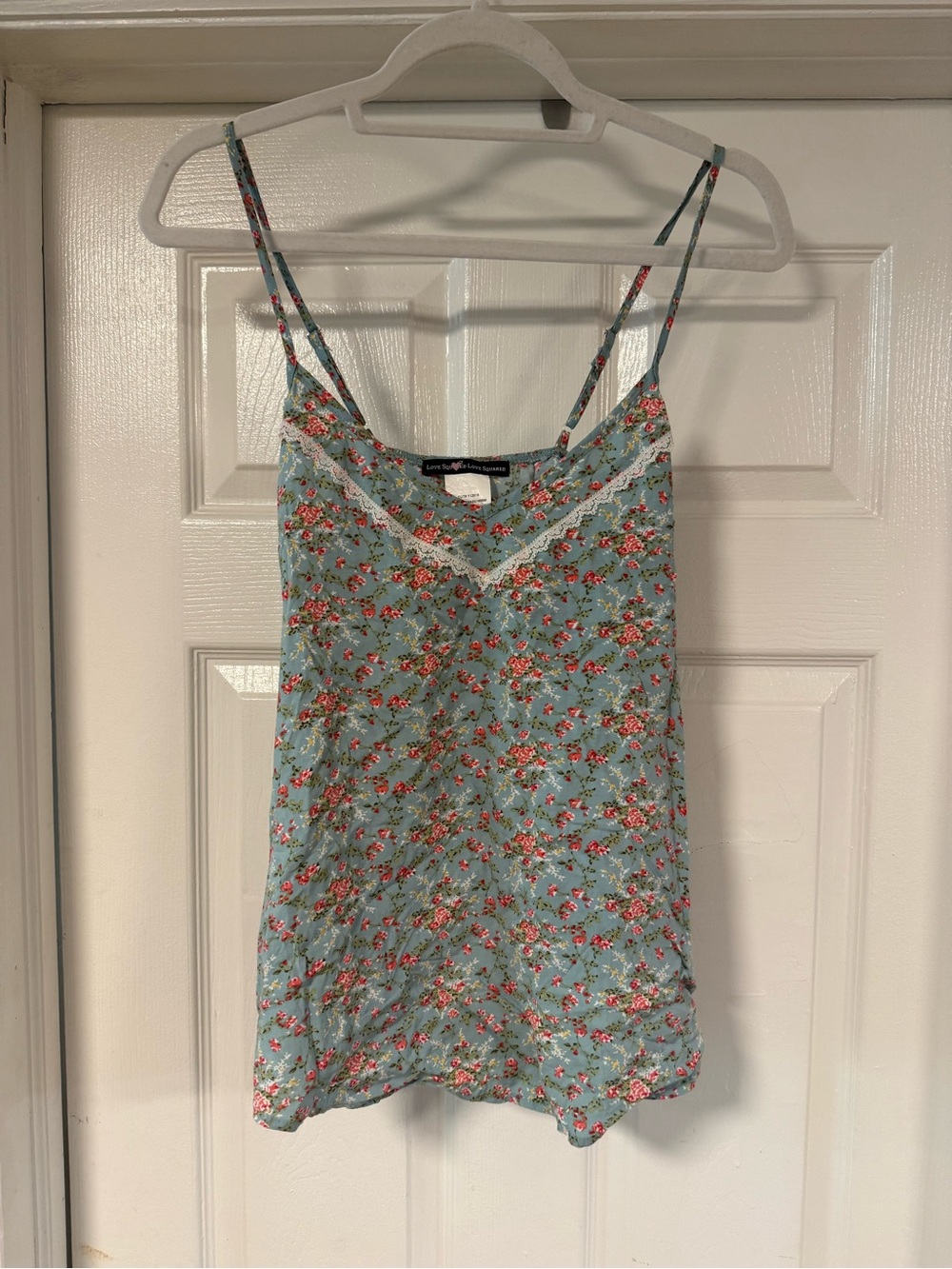 Floral Lace Trim Spaghetti Strap Tank Top - Light Blue